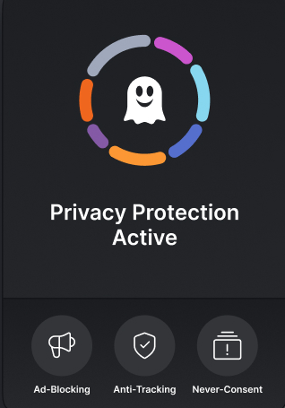 Ghostery Privacy Protection Active panel showing Ad-Blocking, Anti-Tracking, and Never-Consent enabled