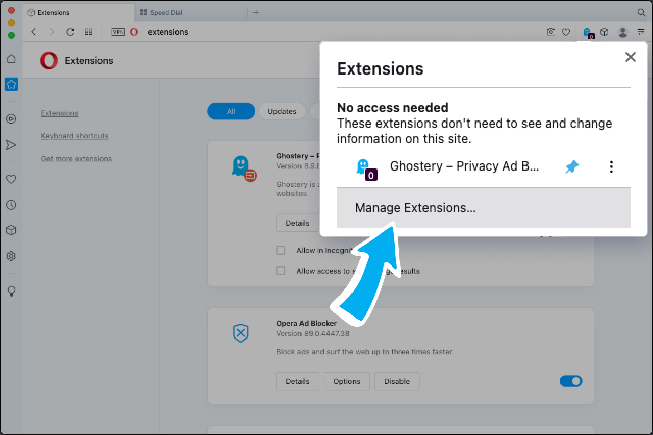 Opera extensions tab with