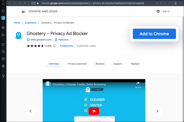 Browser window displaying chrome web store with Ghostery Privacy Ad Blocker Extension in view. Button
