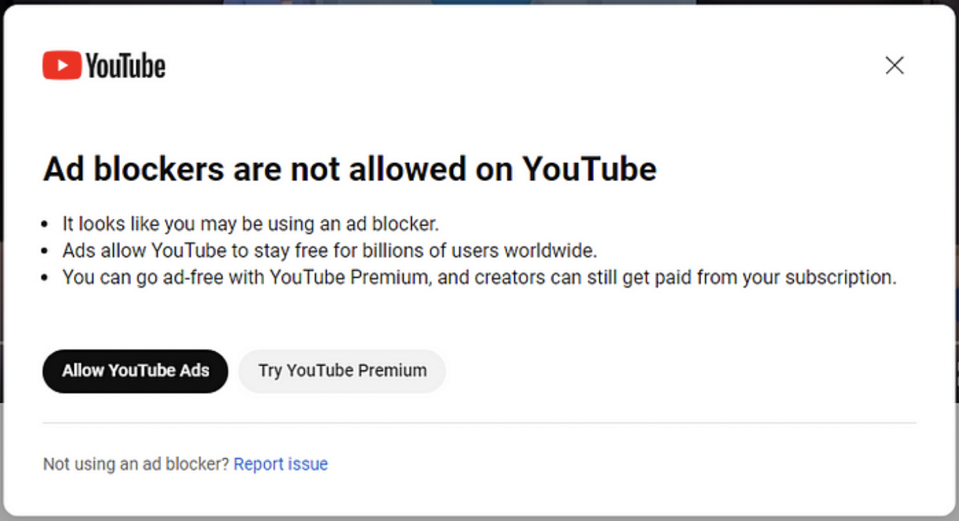 Youtube screenshot displaying anti-adblock wall