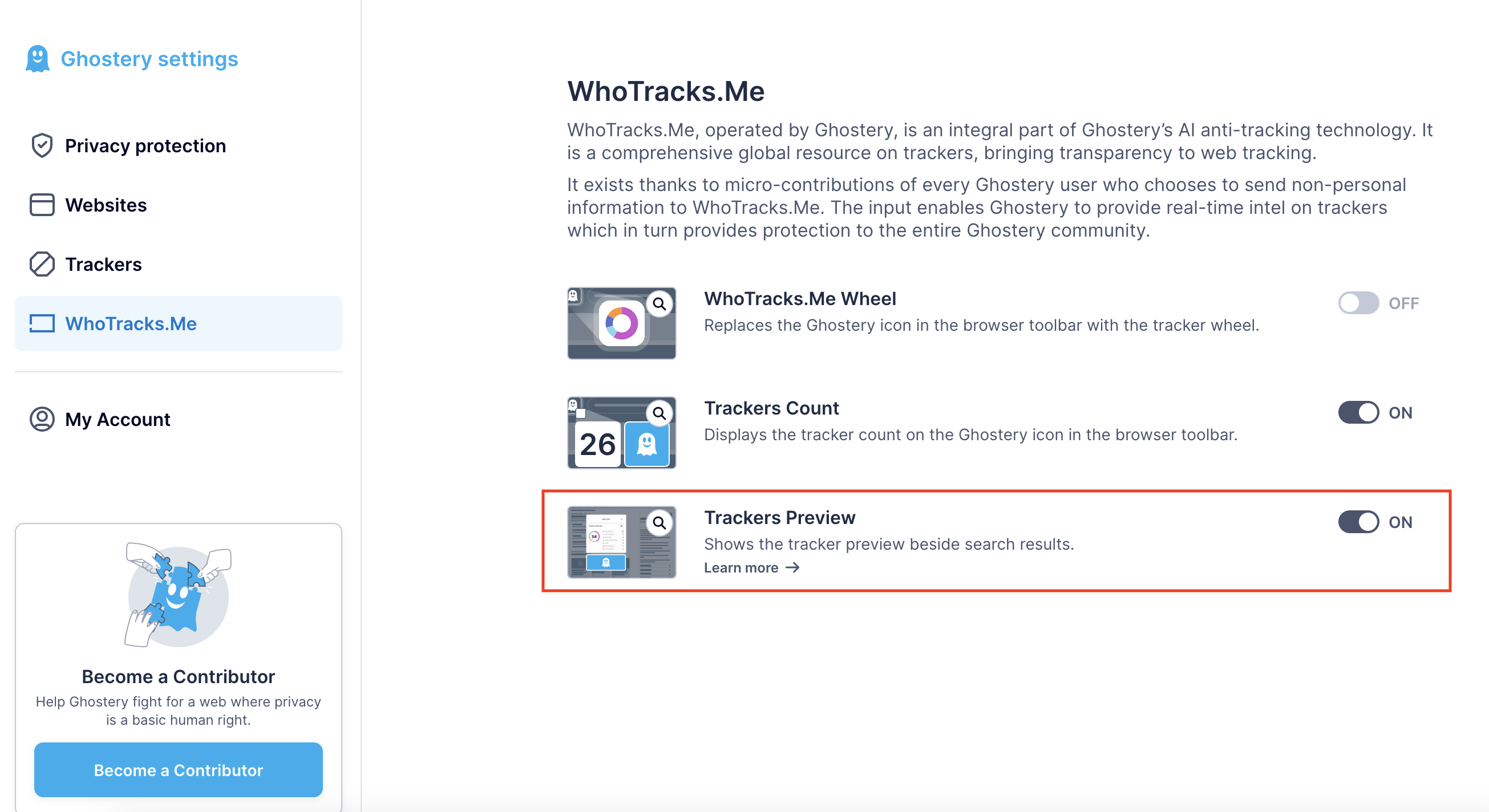 Ghostery settings shows where to disable and enable Tracker Preview on non-private search engine result pages

