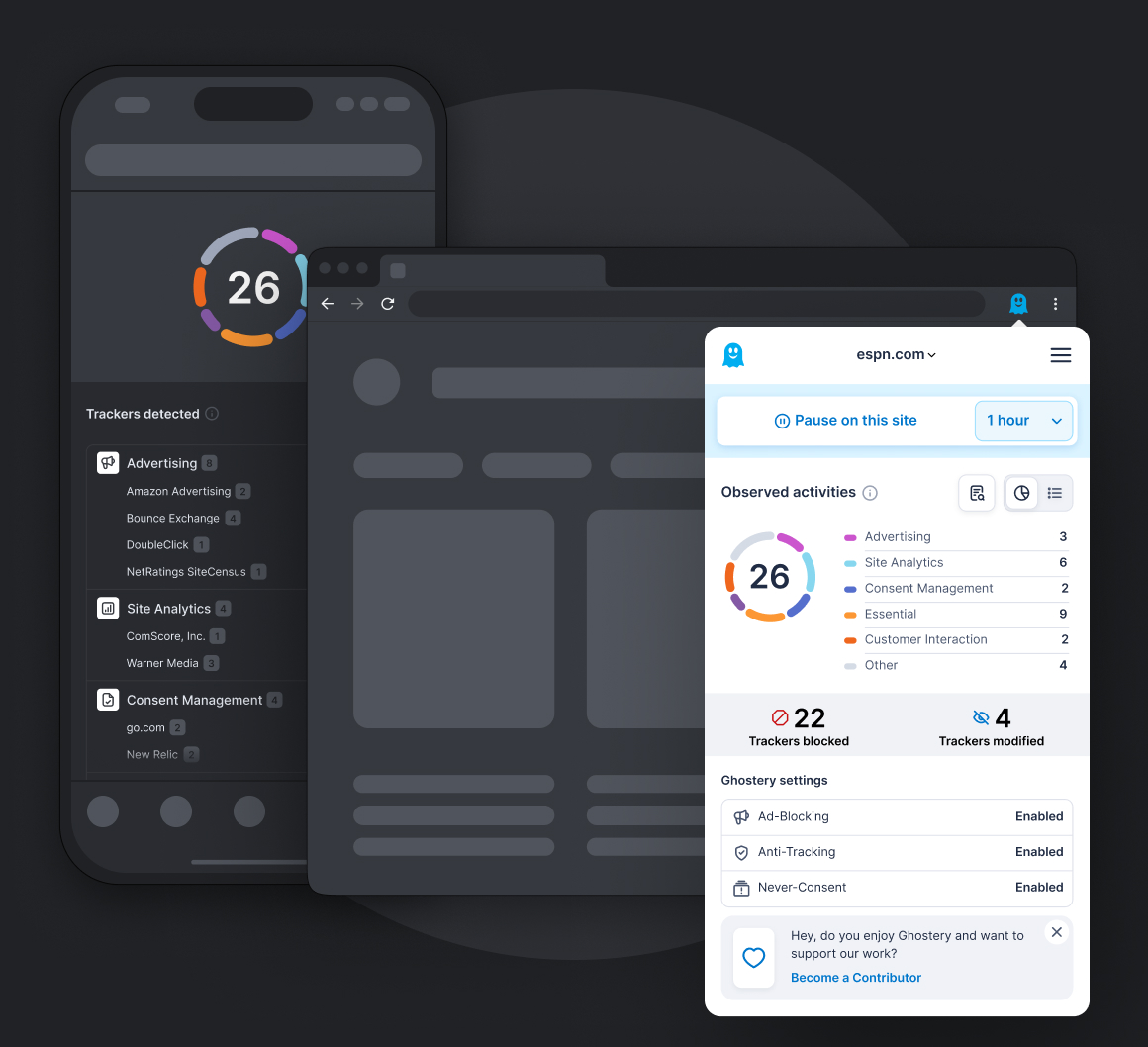 Ghostery Tracker & Ad Blocker panel detailed view displaying blocked tracker categories