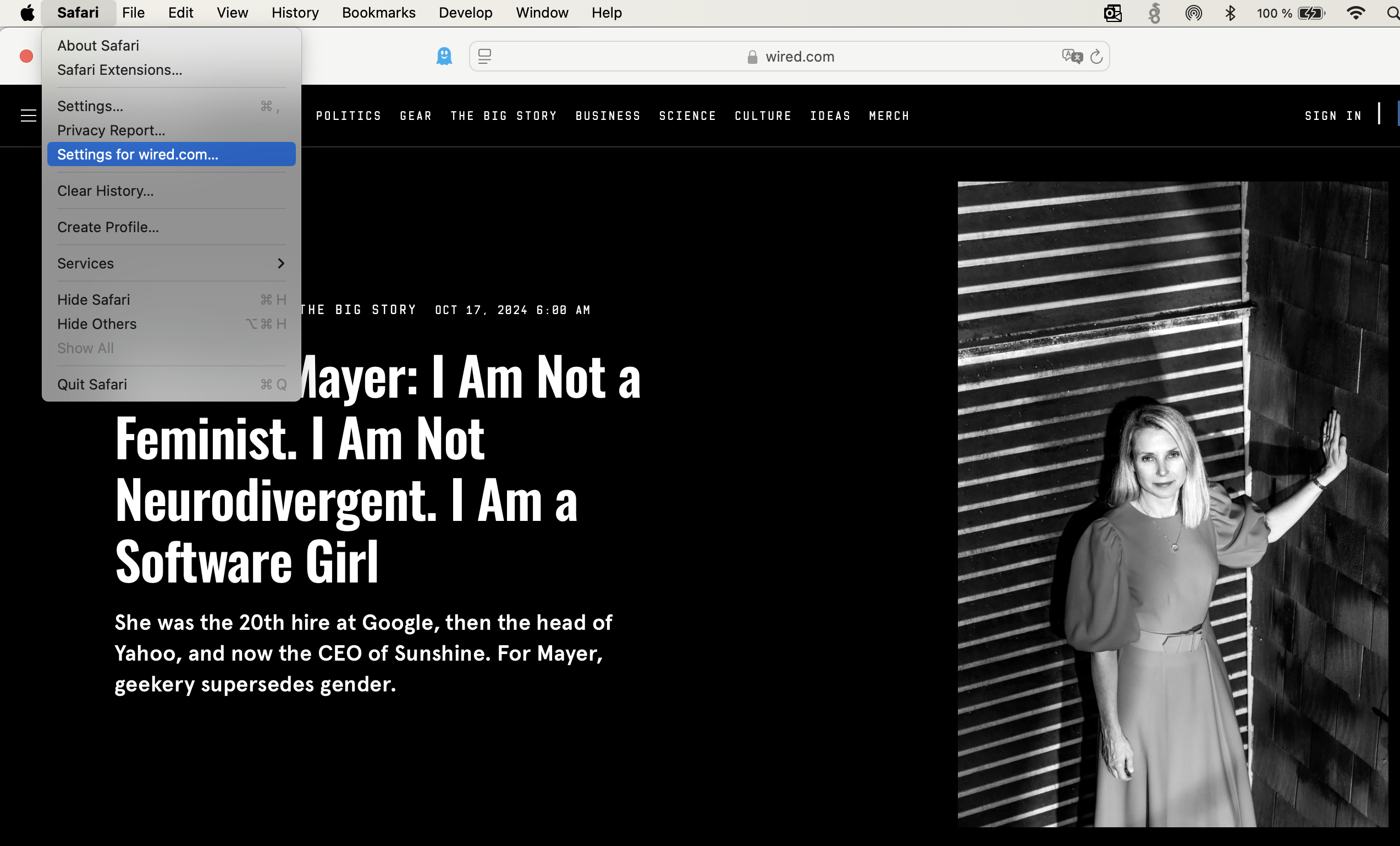 Shows Safari browser open webpage with settings
