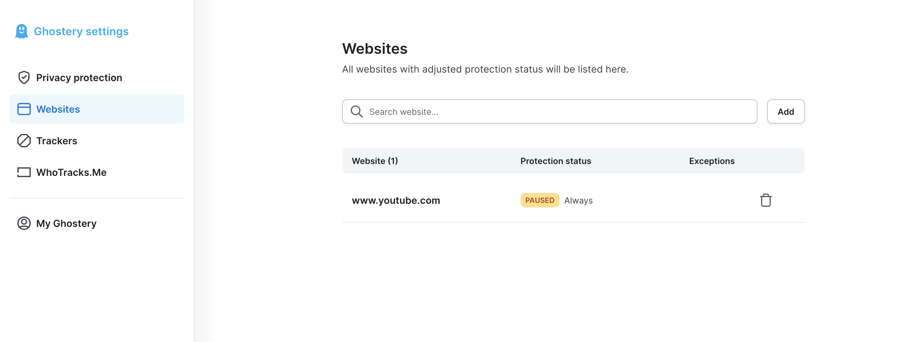 Image displays youtube.com with user-adjusted protection status