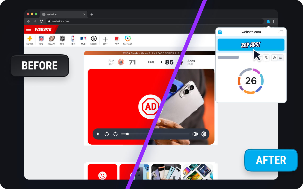 Youtube before & after Ghostery Zap