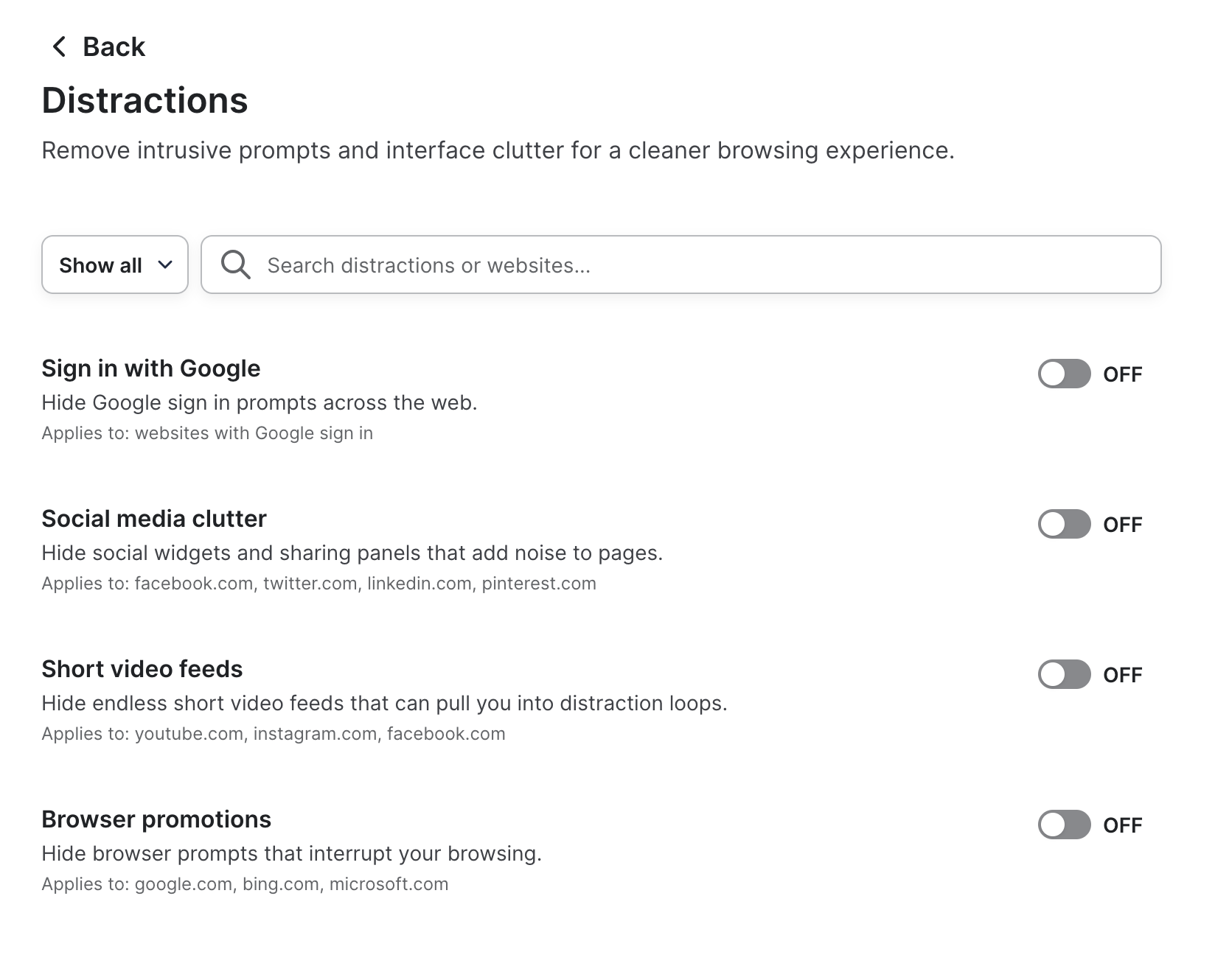 Displays feature Distractions accessible from Ghostery panel