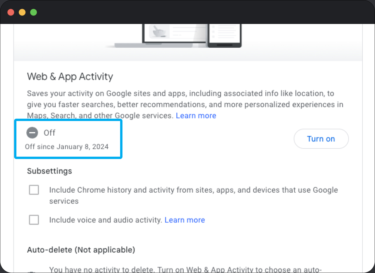 Image showing how to stop or pause Google from saving your search history and activity, step 3