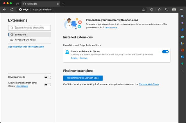 Microsoft Edge extensions screen