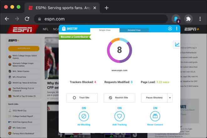 The Ghostery control panel offers detailed tracker analysis